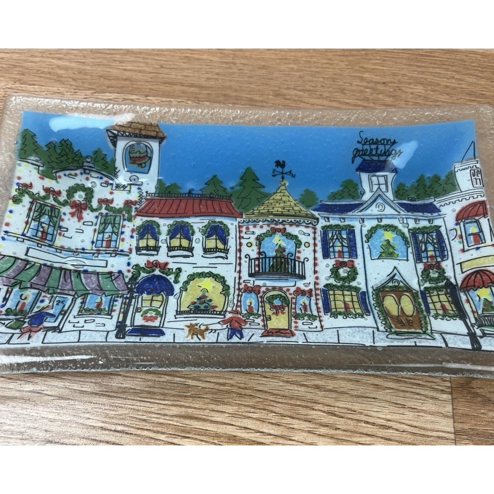 Peggy Karr Christmas Village Scene, Season Greetings, Signed Plate/Tray